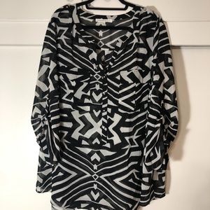 Daniel Rainn sheer black and white geometric top